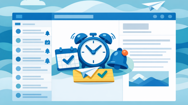 Illustration of a blue calendar, alarm clock, and checklist icons on a web dashboard to symbolize scheduling and reminders.