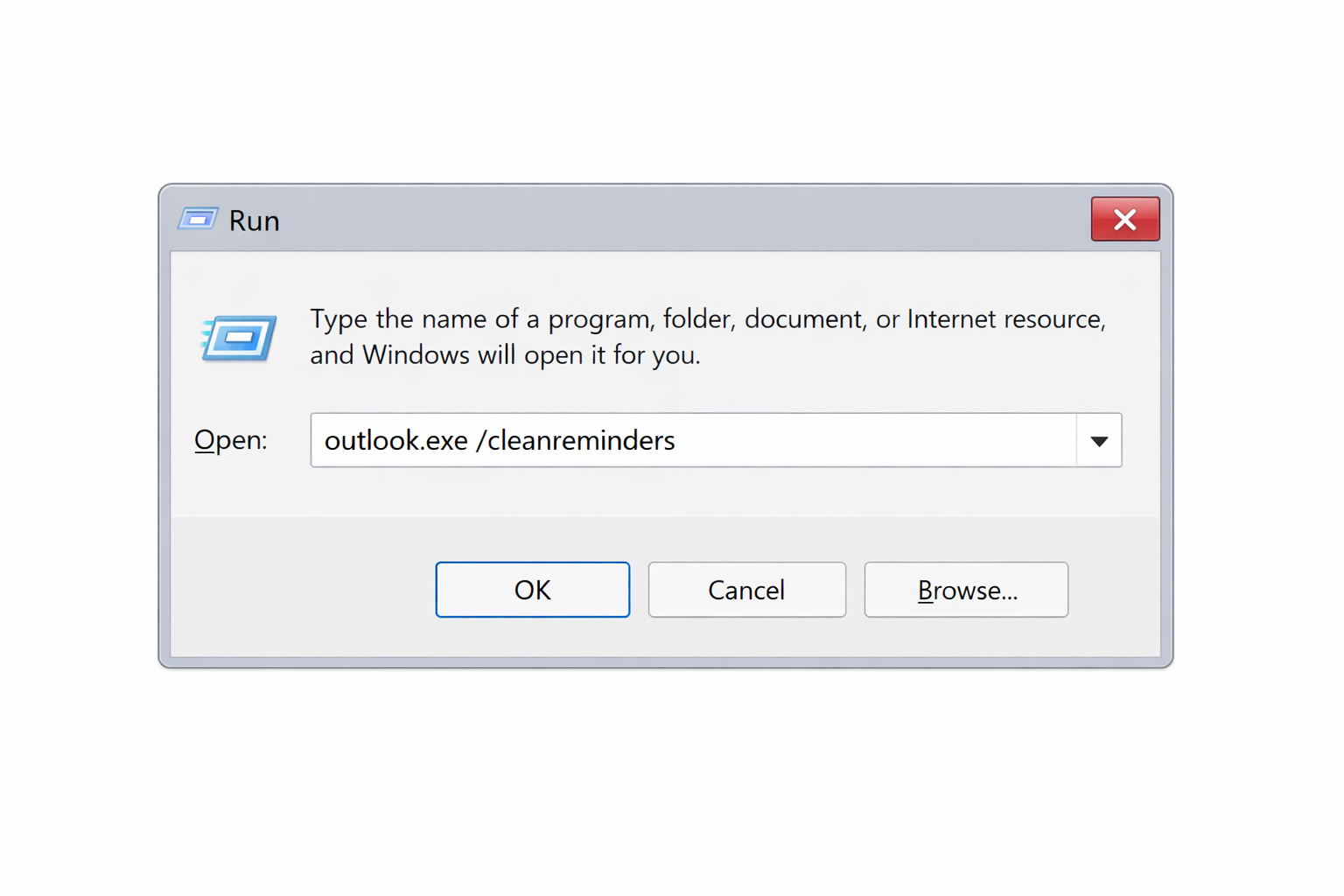 Windows Run dialog with clear reminders command