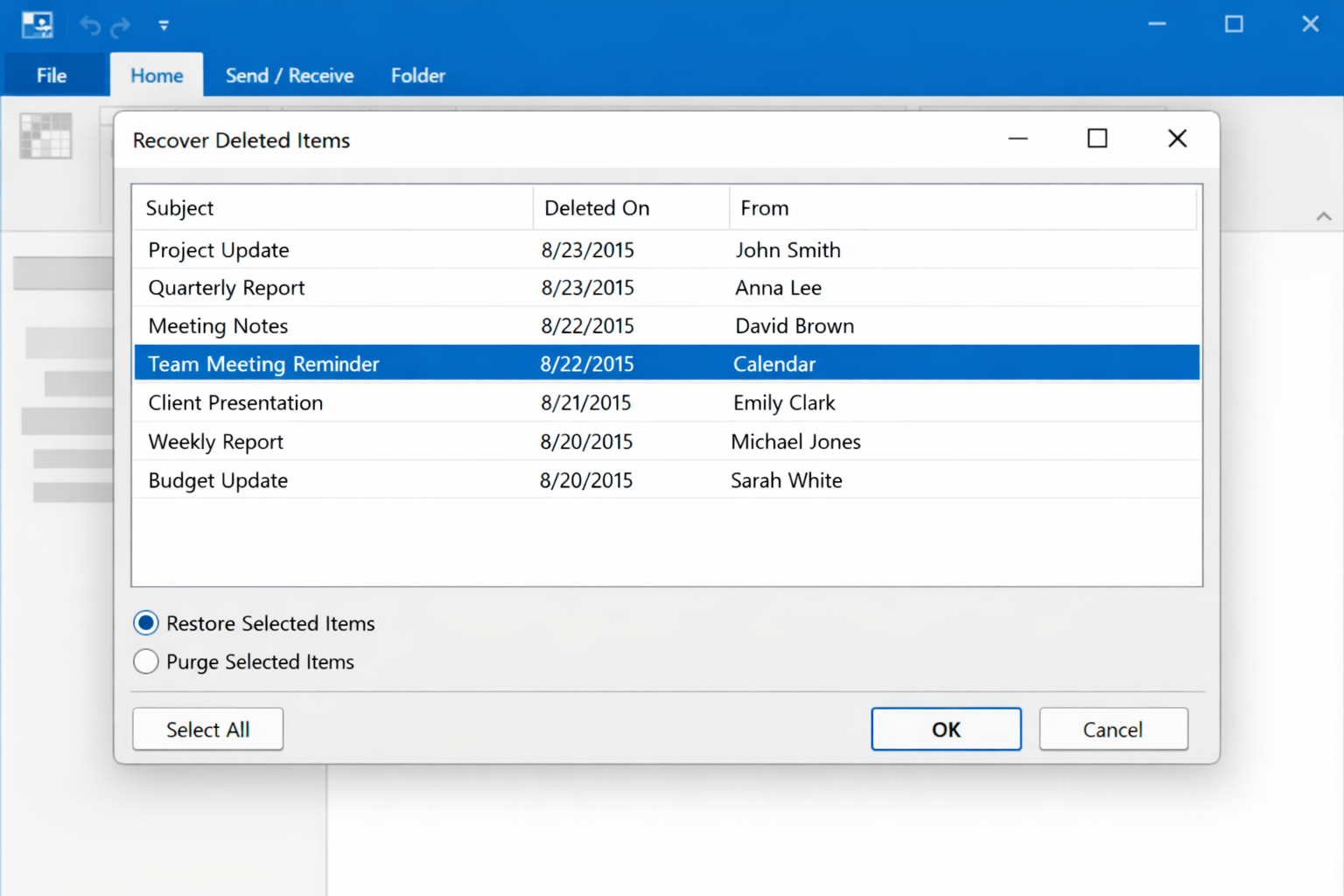 Classic Outlook Deleted Items folder open in Folder List view with a calendar event selected
