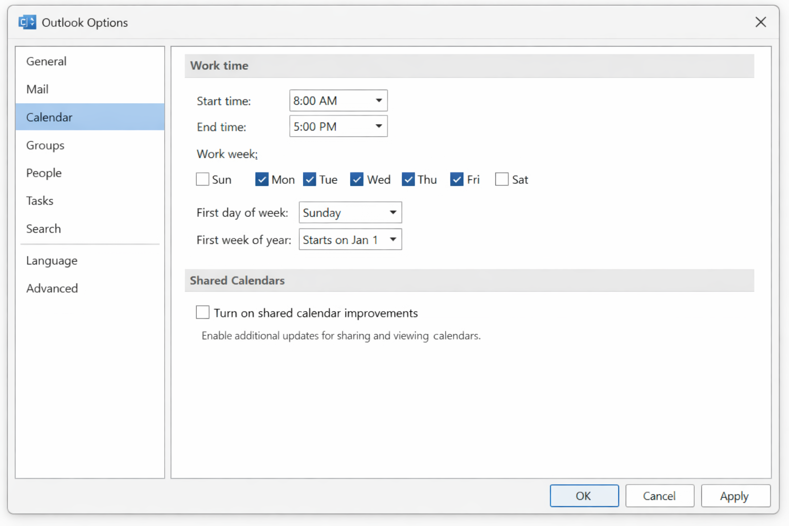 Outlook Options/> Calendar page with the Shared Calendars section visible and 