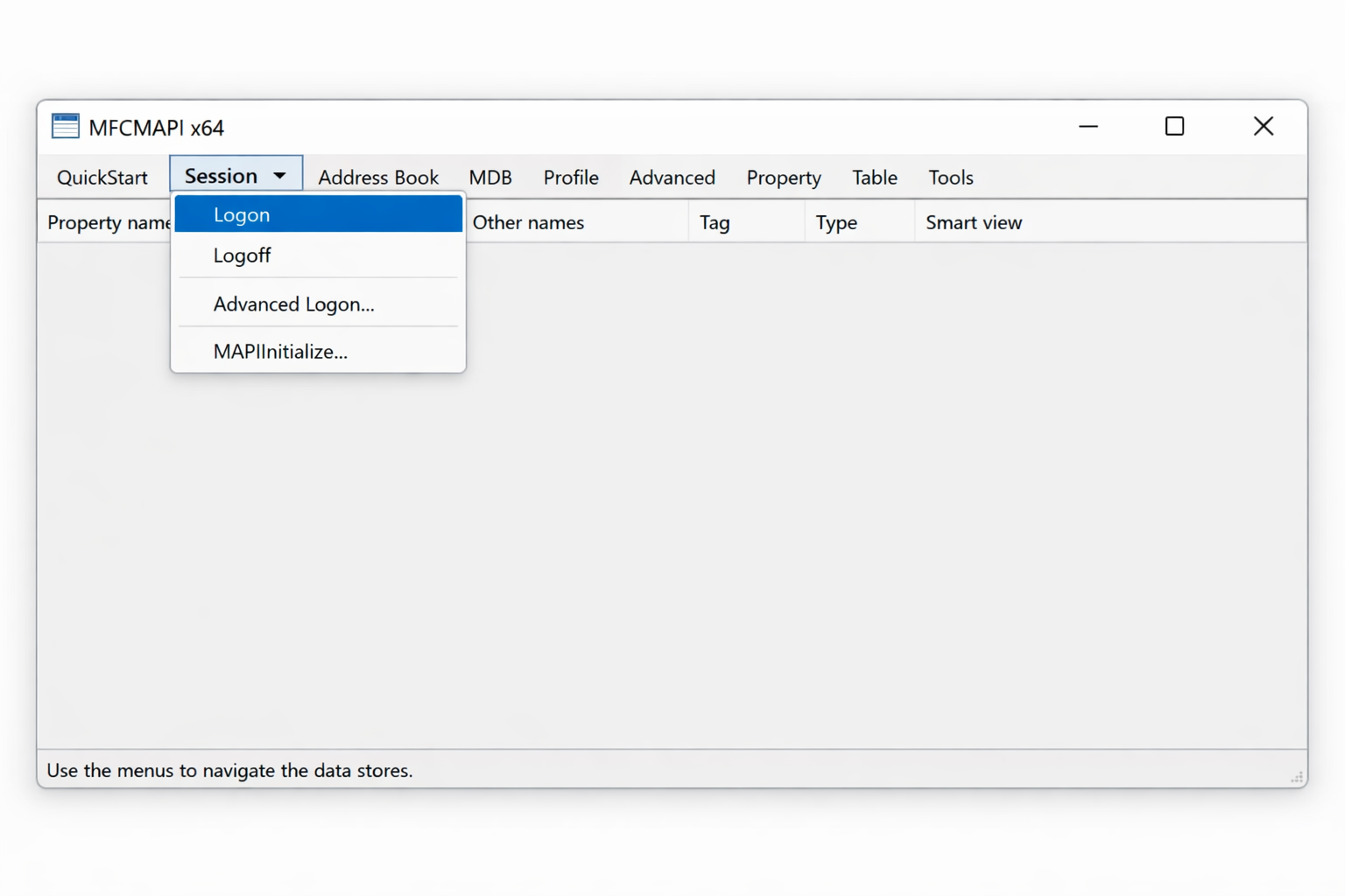 MFCMAPI main window with Session menu open and Logon option highlighted