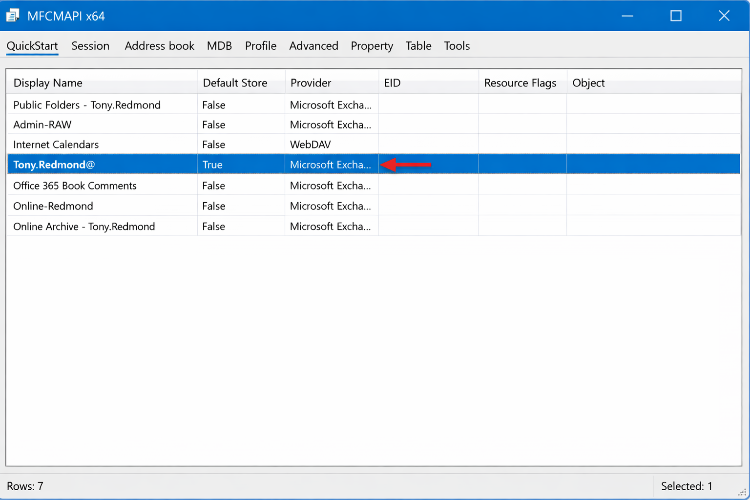 MFCMAPI store table showing the user's mailbox entry highlighted for double-click