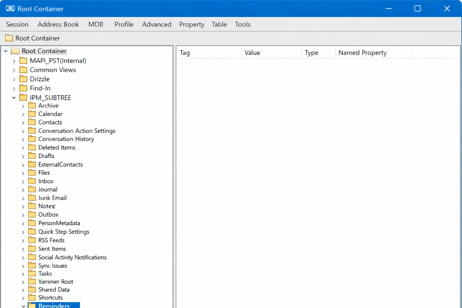 MFCMAPI folder tree with Root Container expanded, showing Finder/> Reminders folder highlighted