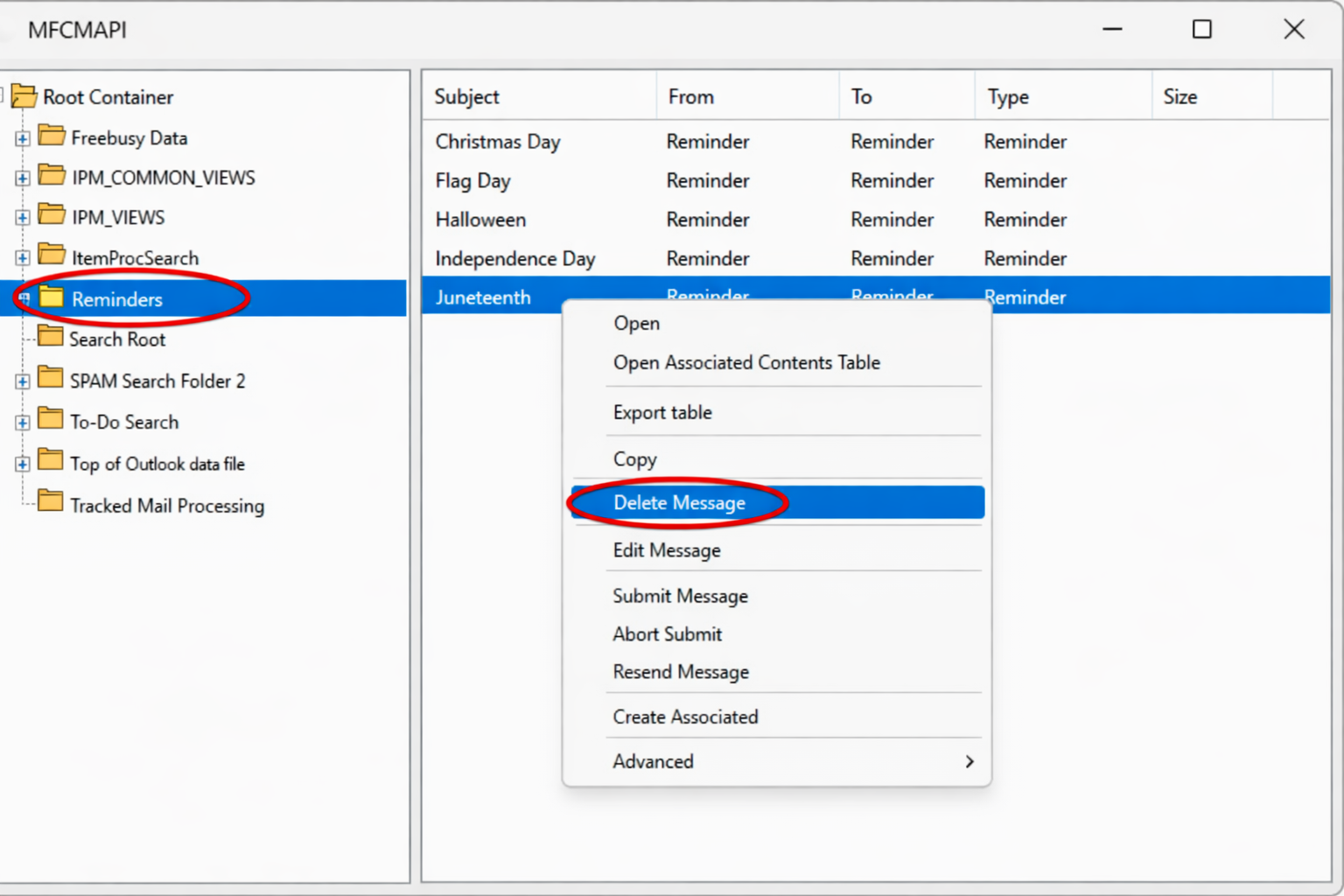 MFCMAPI contents table showing reminder entries listed by Subject/From/To columns, with right-click menu showing Delete Message option