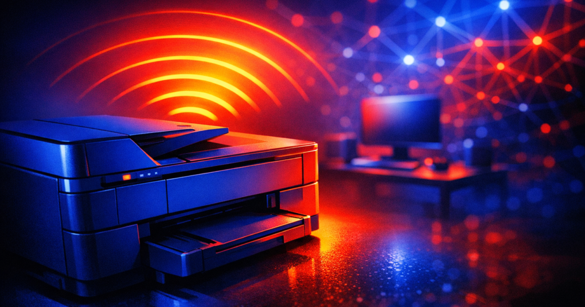 Blue office printer in the foreground with red ambient light, a high-tech blue network backdrop and a computer on a desk in the distance.