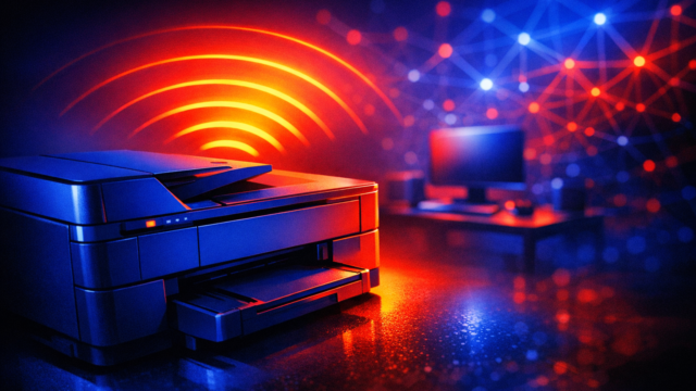 Blue office printer in the foreground with red ambient light, a high-tech blue network backdrop and a computer on a desk in the distance.
