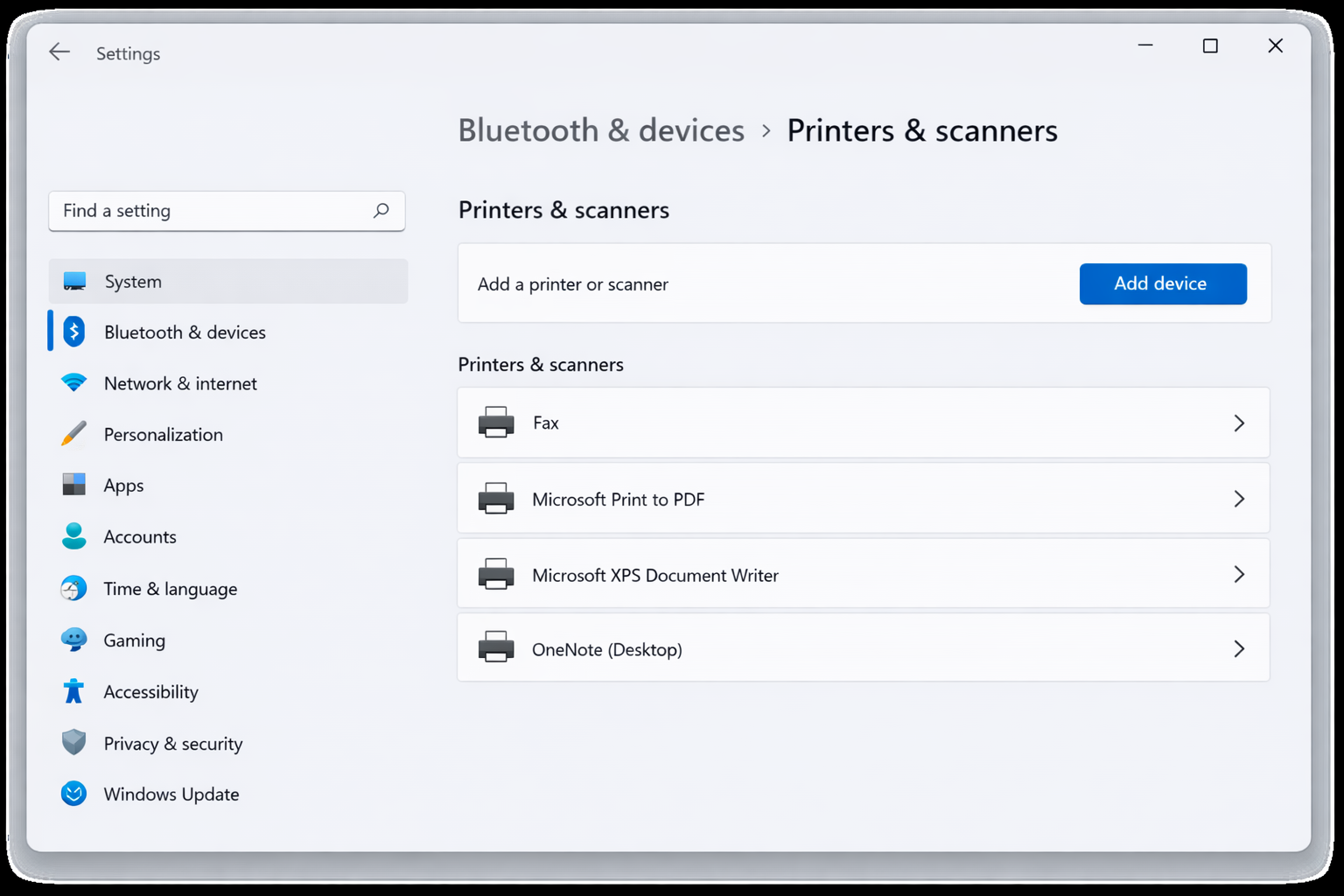 Windows 11 Settings/> Bluetooth & devices > Printers & scanners page showing the Add device button at the top