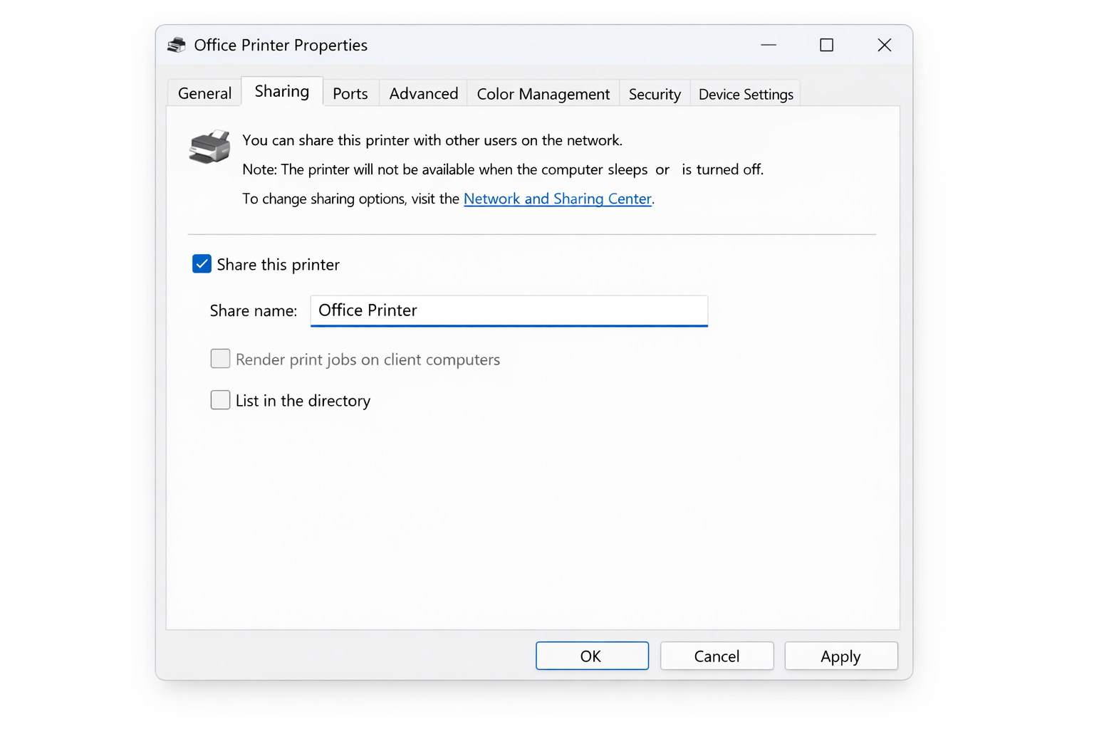 Printer Properties dialog open on the Sharing tab with 