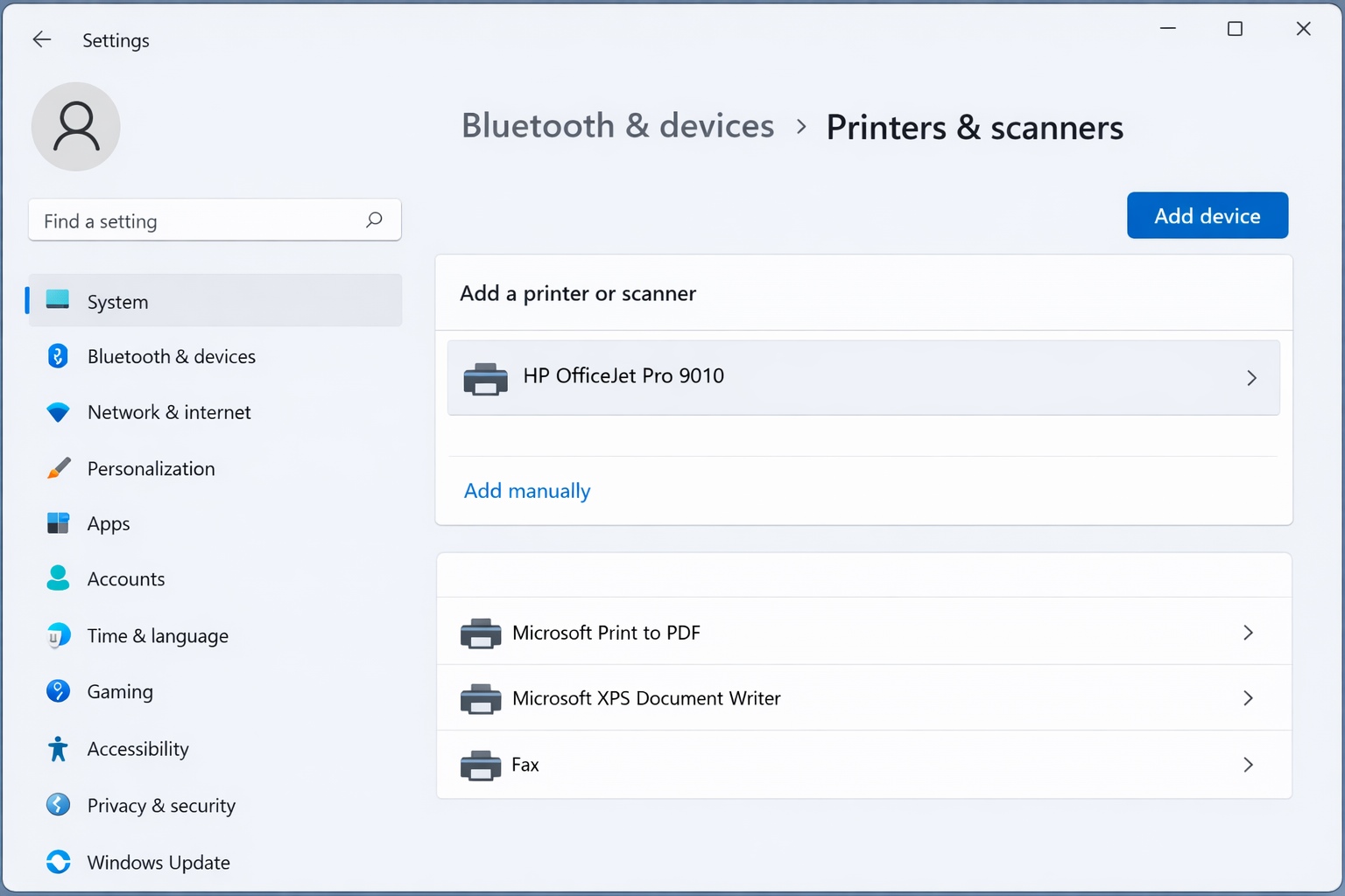 Windows 11 Printers & scanners Add device panel showing the 
