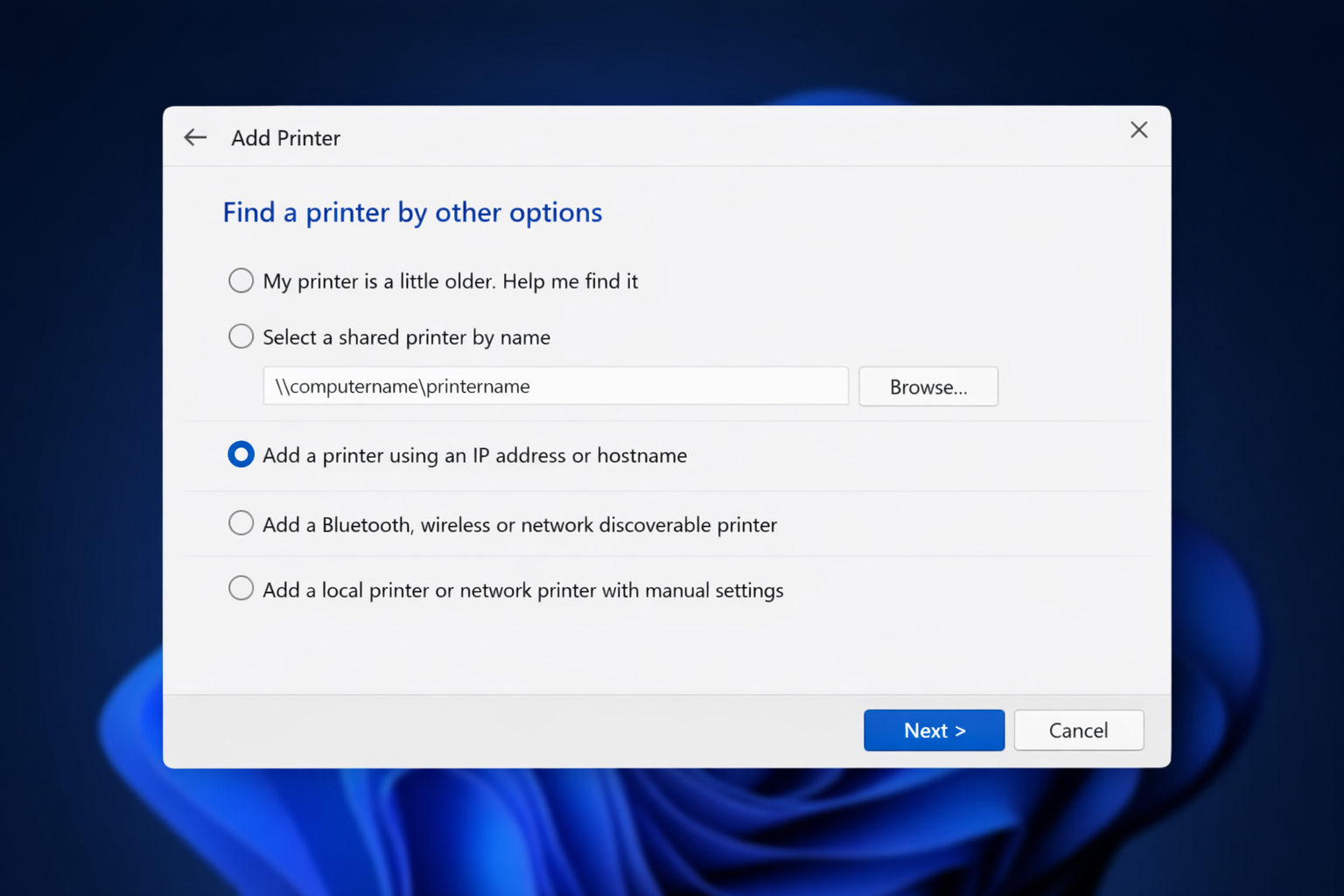 Add Printer dialog with 