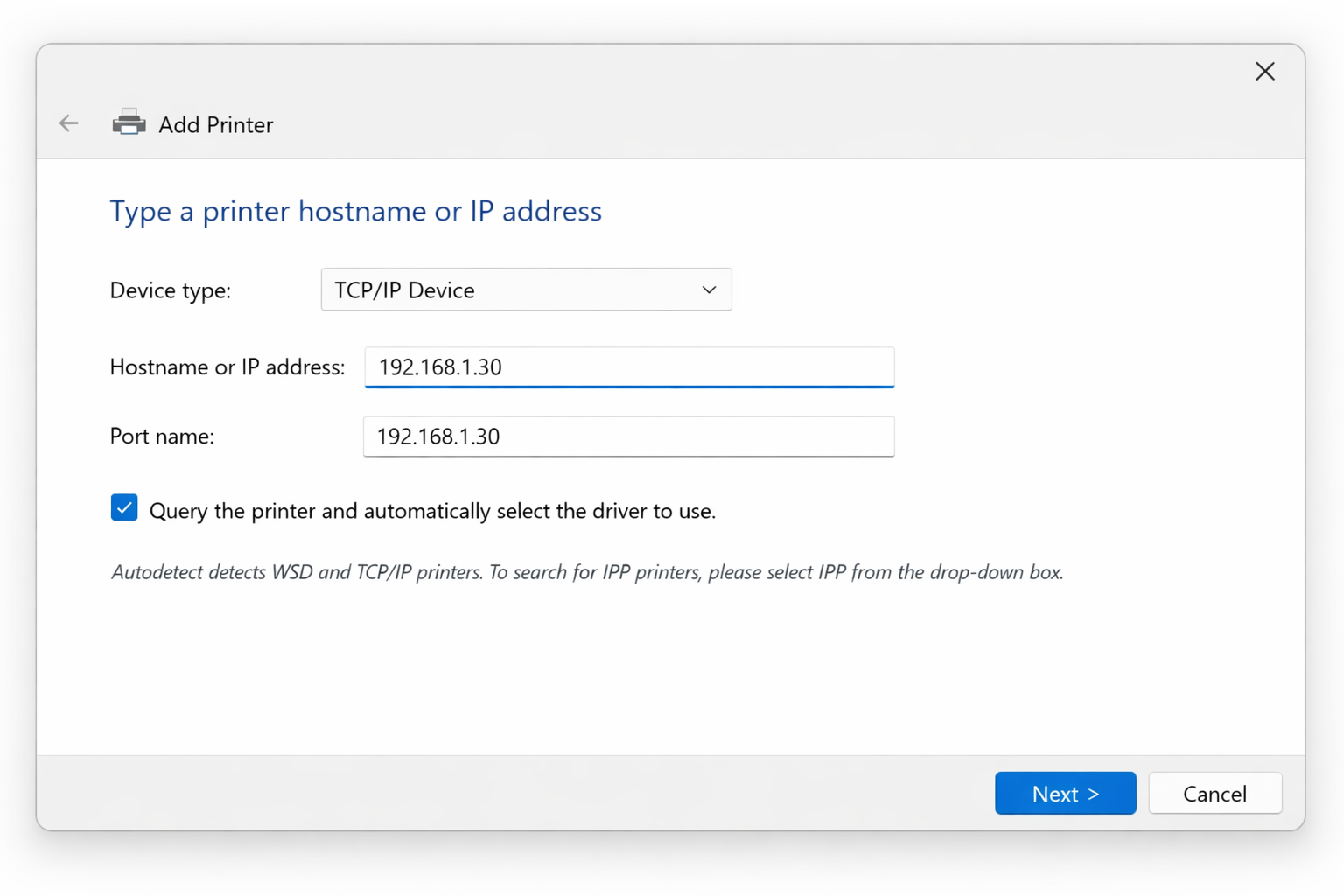 Add TCP/IP printer dialog with Device type set to TCP/IP Device and an IP address entered in the Hostname or IP address field