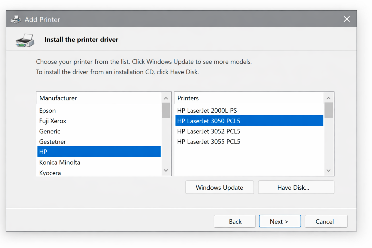 Add Printer driver selection dialog showing manufacturer list on the left, model list on the right, and the 
