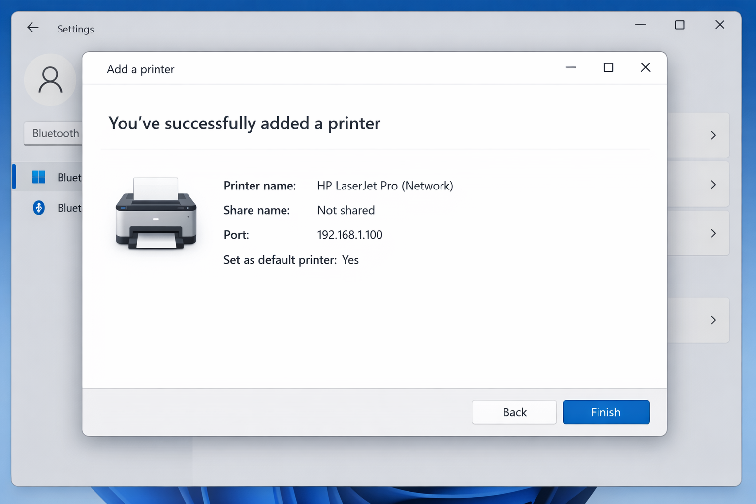 Final Add Printer screen showing printer name field and Finish button, with the new printer visible in Printers & scanners in the background