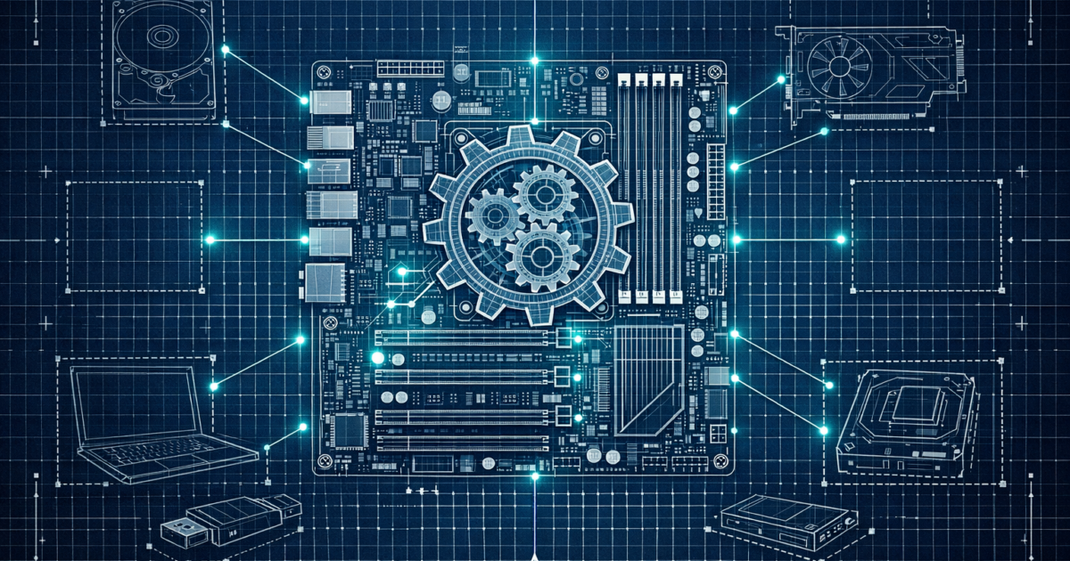 Blueprint-style motherboard schematic with a central gear motif and glowing connection lines to components (GPU, RAM, drives, laptop)