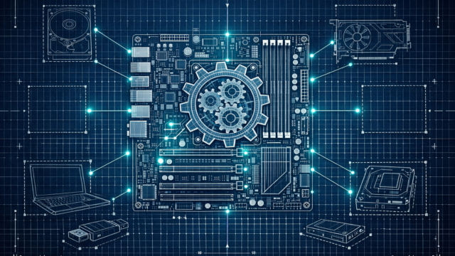 Blueprint-style motherboard schematic with a central gear motif and glowing connection lines to components (GPU, RAM, drives, laptop)
