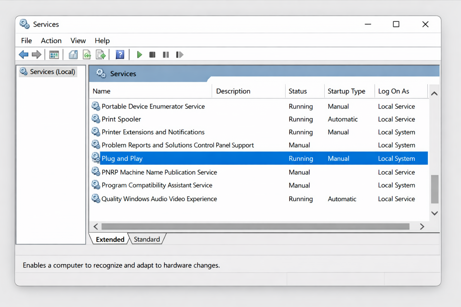 services.msc window scrolled to Plug and Play service, with the entry highlighted