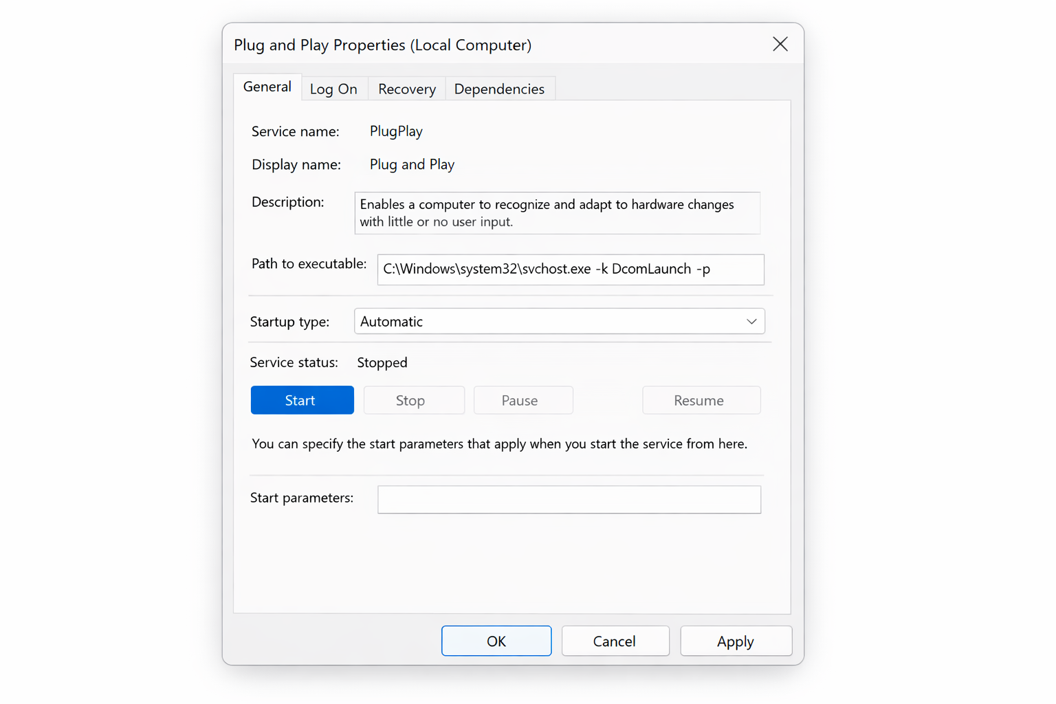 Plug and Play service Properties dialog showing Startup type set to Automatic and the Start button