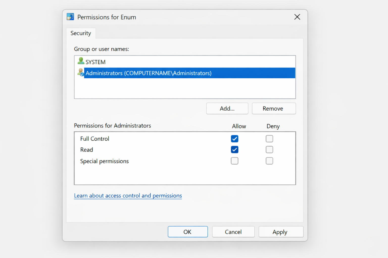 Permissions dialog for the Enum registry key showing Administrators and SYSTEM both with Full Control checked under Allow