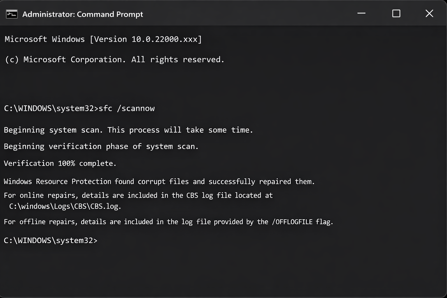 Administrator Command Prompt showing sfc /scannow running with a progress bar