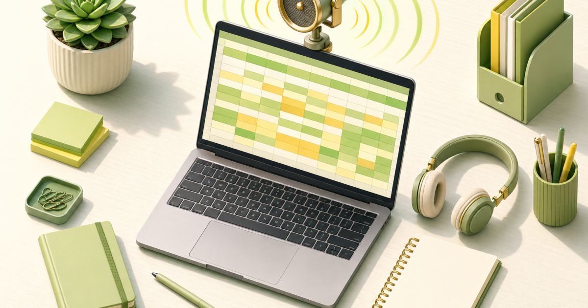 Green-themed desk with a laptop showing a color-coded calendar, surrounded by headphones, notebooks, plant, and office supplies.