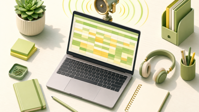Green-themed desk with a laptop showing a color-coded calendar, surrounded by headphones, notebooks, plant, and office supplies.