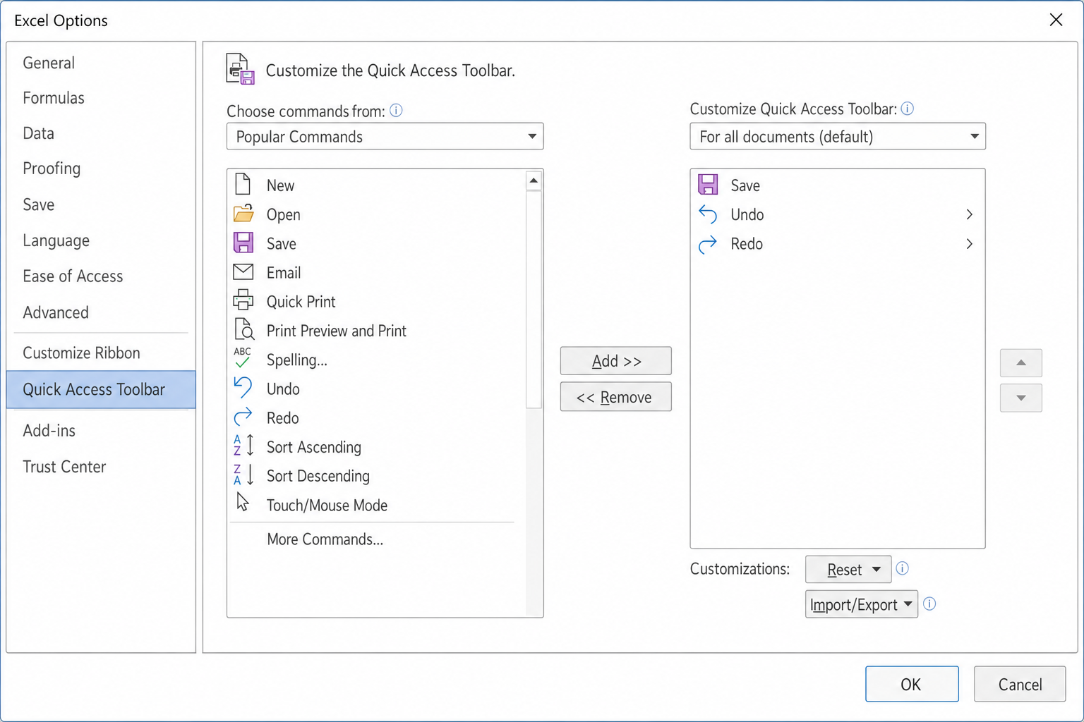 Excel Options dialog open with "Quick Access Toolbar" selected in the left sidebar