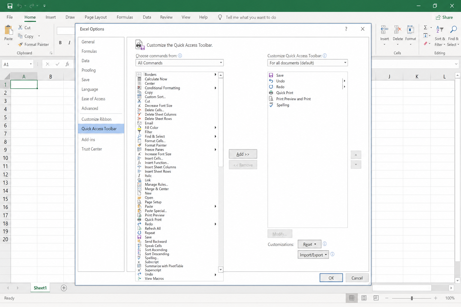 Excel Quick Access Toolbar settings with "All Commands" selected in the dropdown