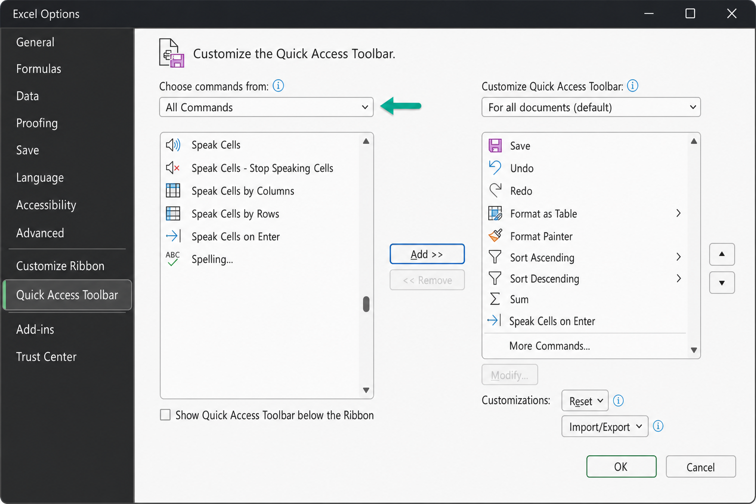 Excel Quick Access Toolbar settings showing "Speak Cells on Enter" added to the right-hand column, with the Add button visible