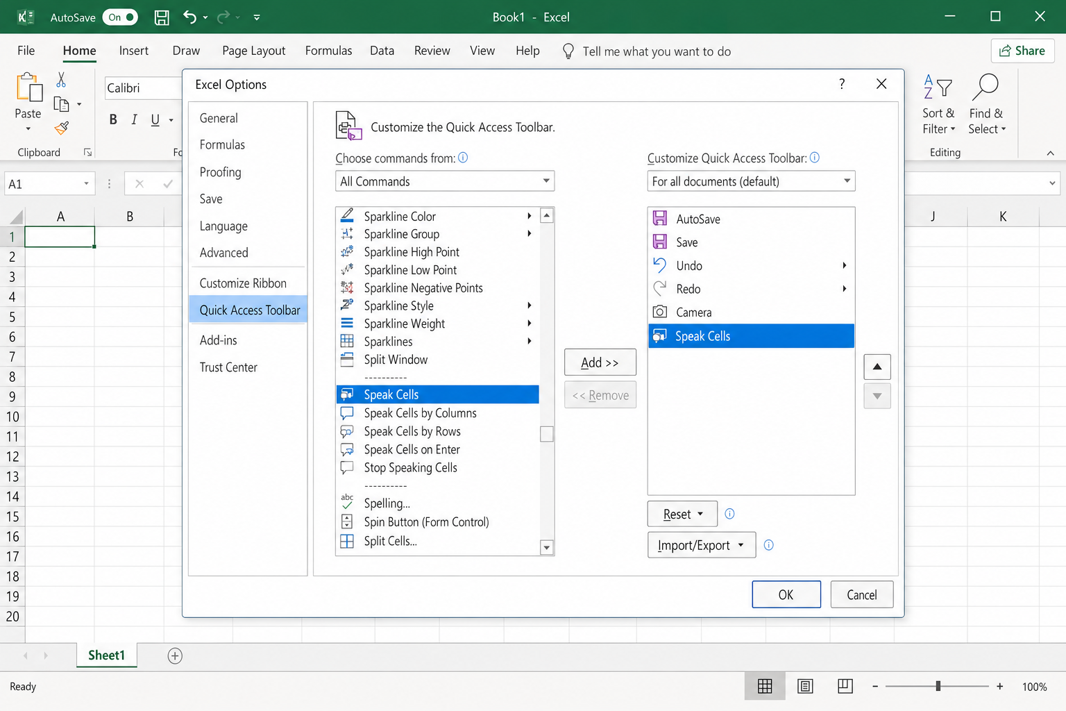 Excel Quick Access Toolbar with the Speak Cells button visible, highlighted