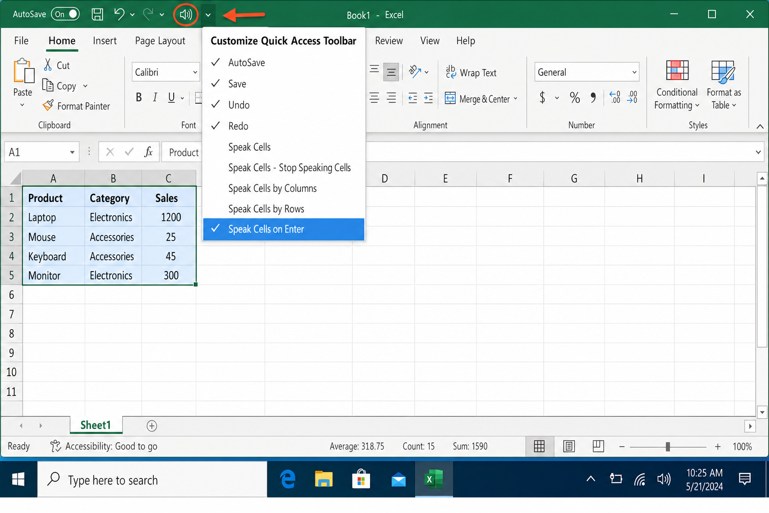Excel spreadsheet with a range of cells selected and the Speak Cells button highlighted in the Quick Access Toolbar