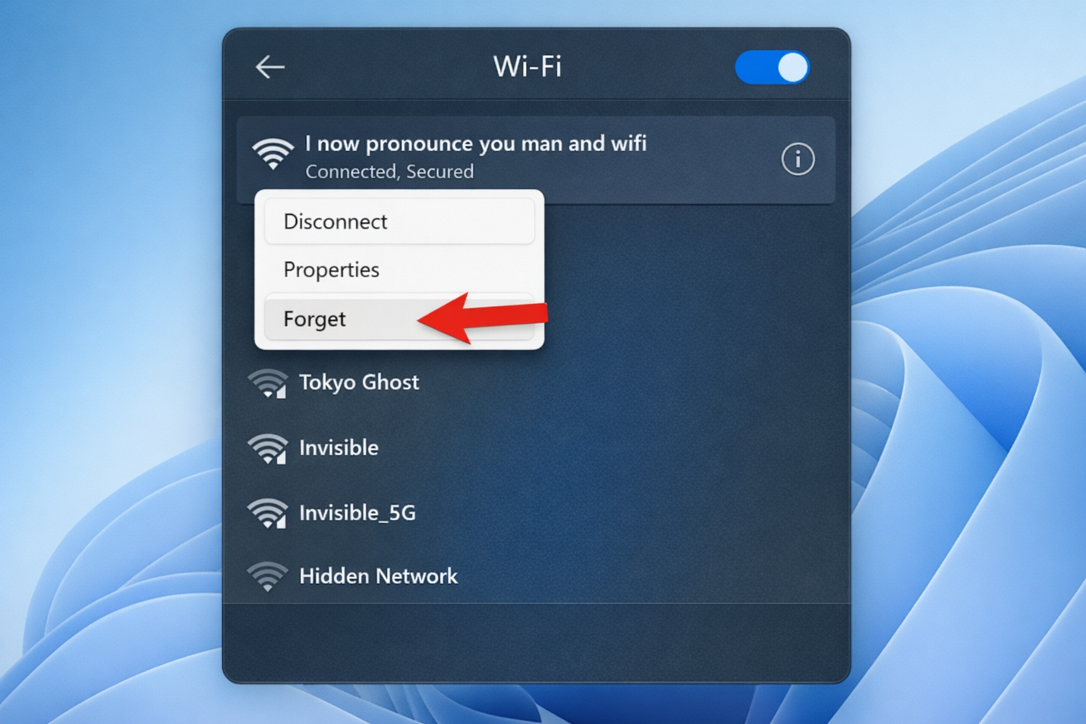 Windows 11 taskbar Wi-Fi flyout showing a network with the Forget button visible