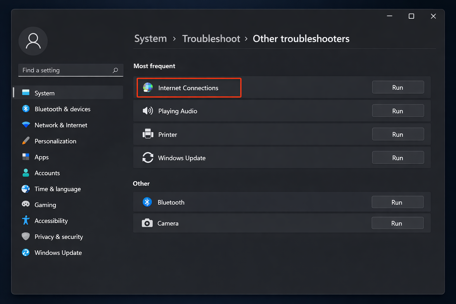 Windows 11 Settings showing the Other Troubleshooters page with Internet Connections listed