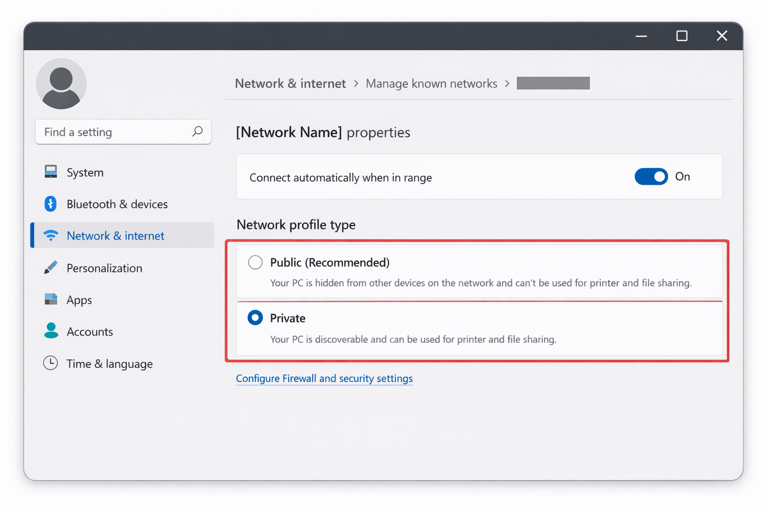Windows 11 Wi-Fi network properties page showing Network profile type options with Private network selected