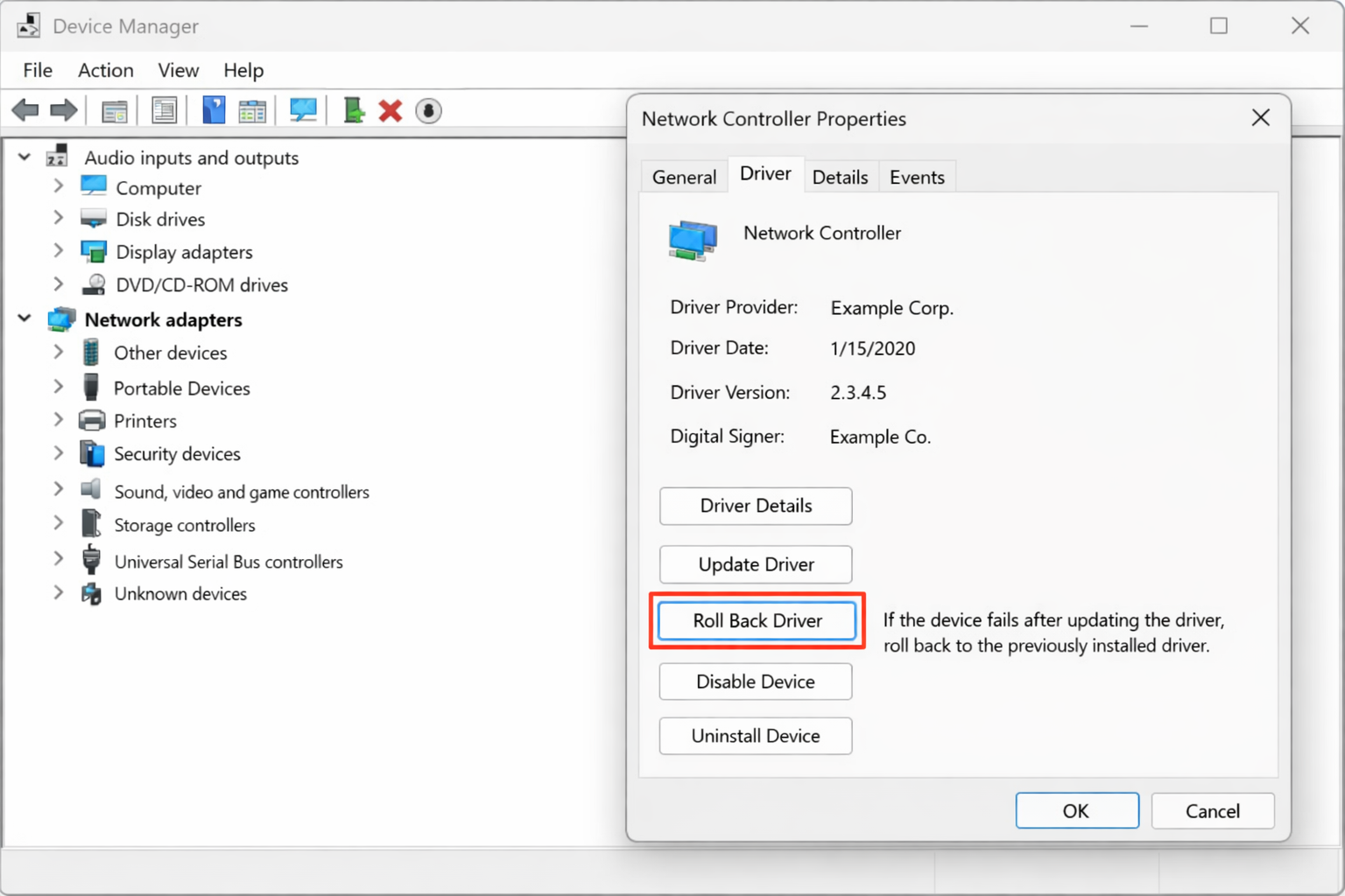 Device Manager Driver tab showing the Roll Back Driver button for a wireless adapter