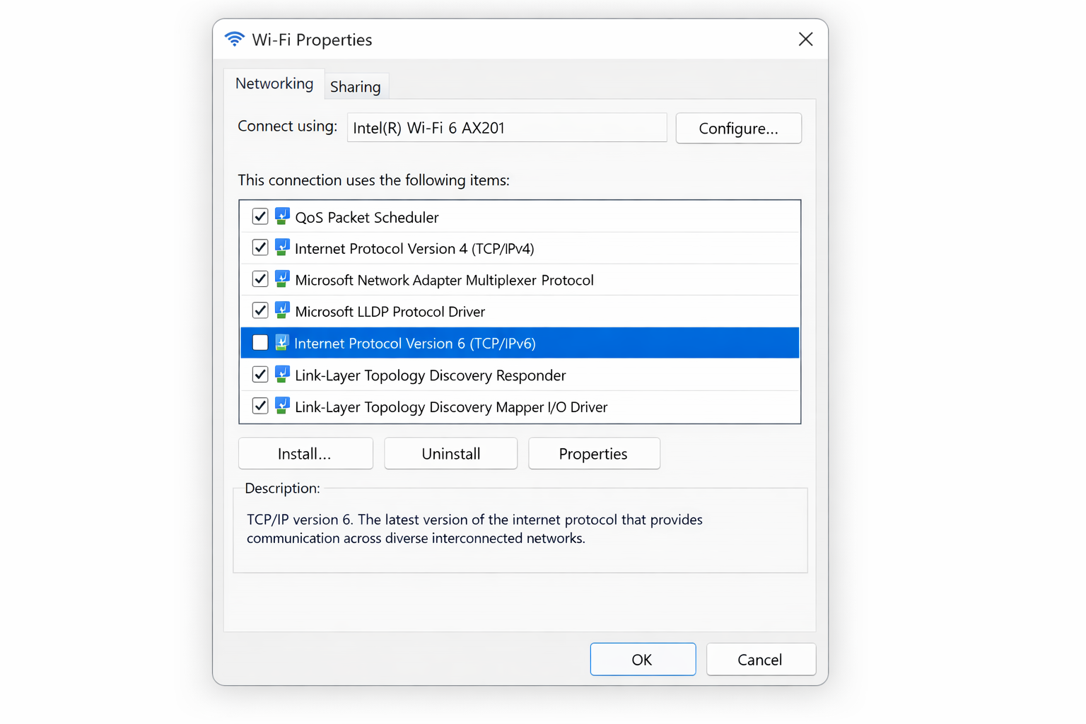 Wi-Fi adapter Properties window showing the IPv6 checkbox unchecked in the networking components list