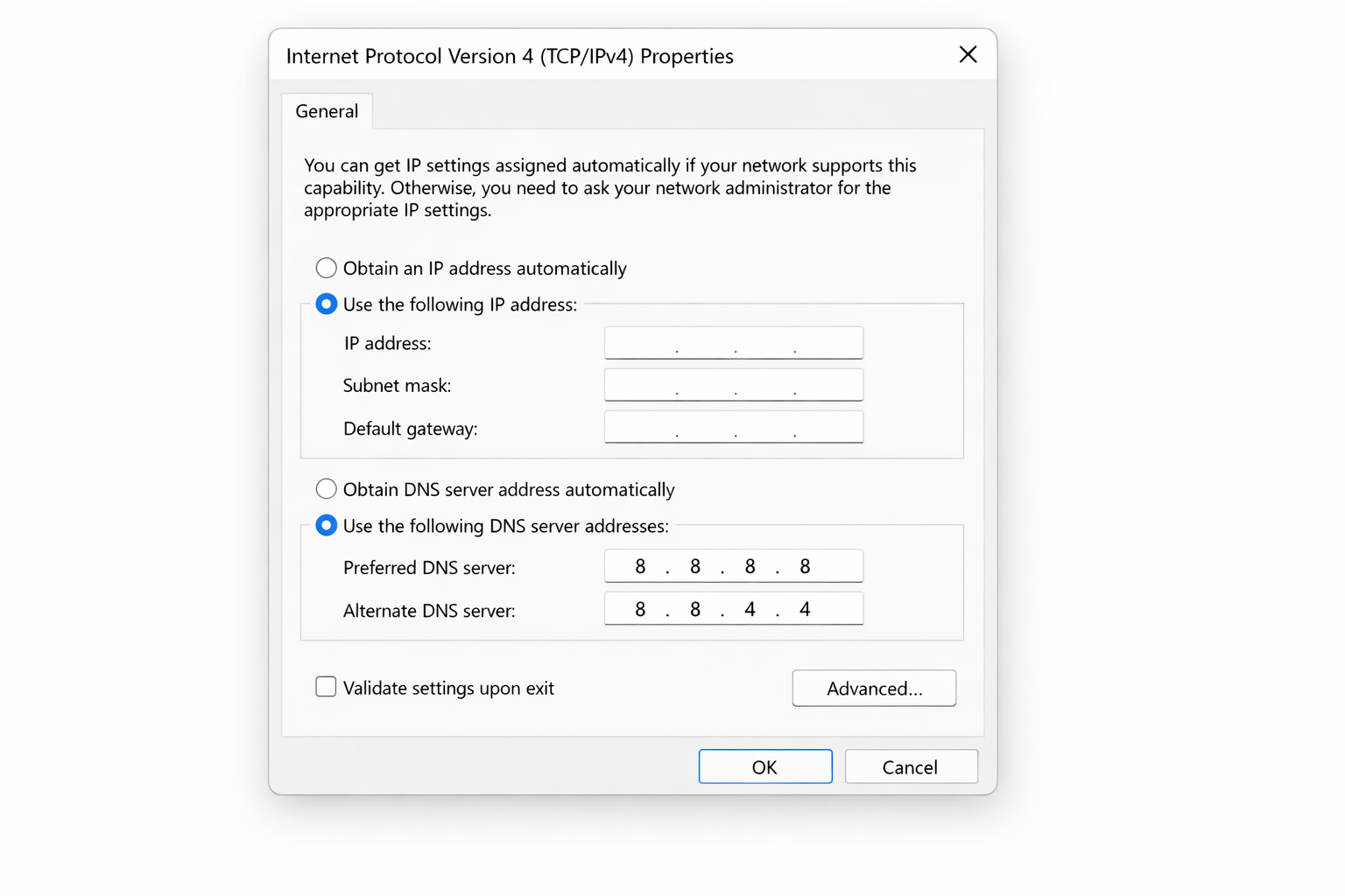 IPv4 Properties dialog with manual DNS entries 8.8.8.8 and 8.8.4.4 filled in