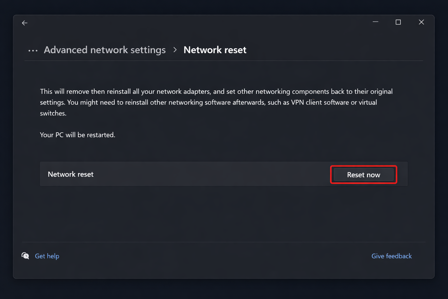 Windows 11 Network reset page showing the Reset now button and warning text