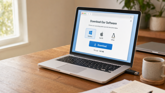 Laptop on a wooden table displaying a 'Download Our Software' page with Windows, macOS, and Linux icons and a blue Download button; shows 'File size: 140 MB'.