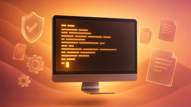 Orange-tinted computer monitor displaying code, surrounded by security shield, gears, and floating documents.