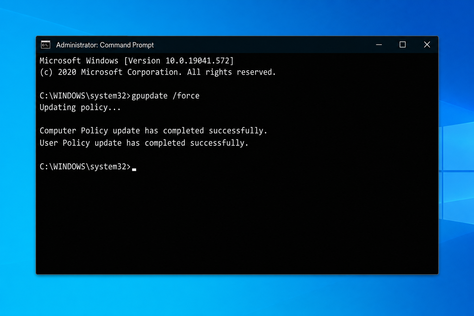 Elevated Command Prompt or Windows Terminal (Admin) running "gpupdate /force" with the "Updating policy..." output visible