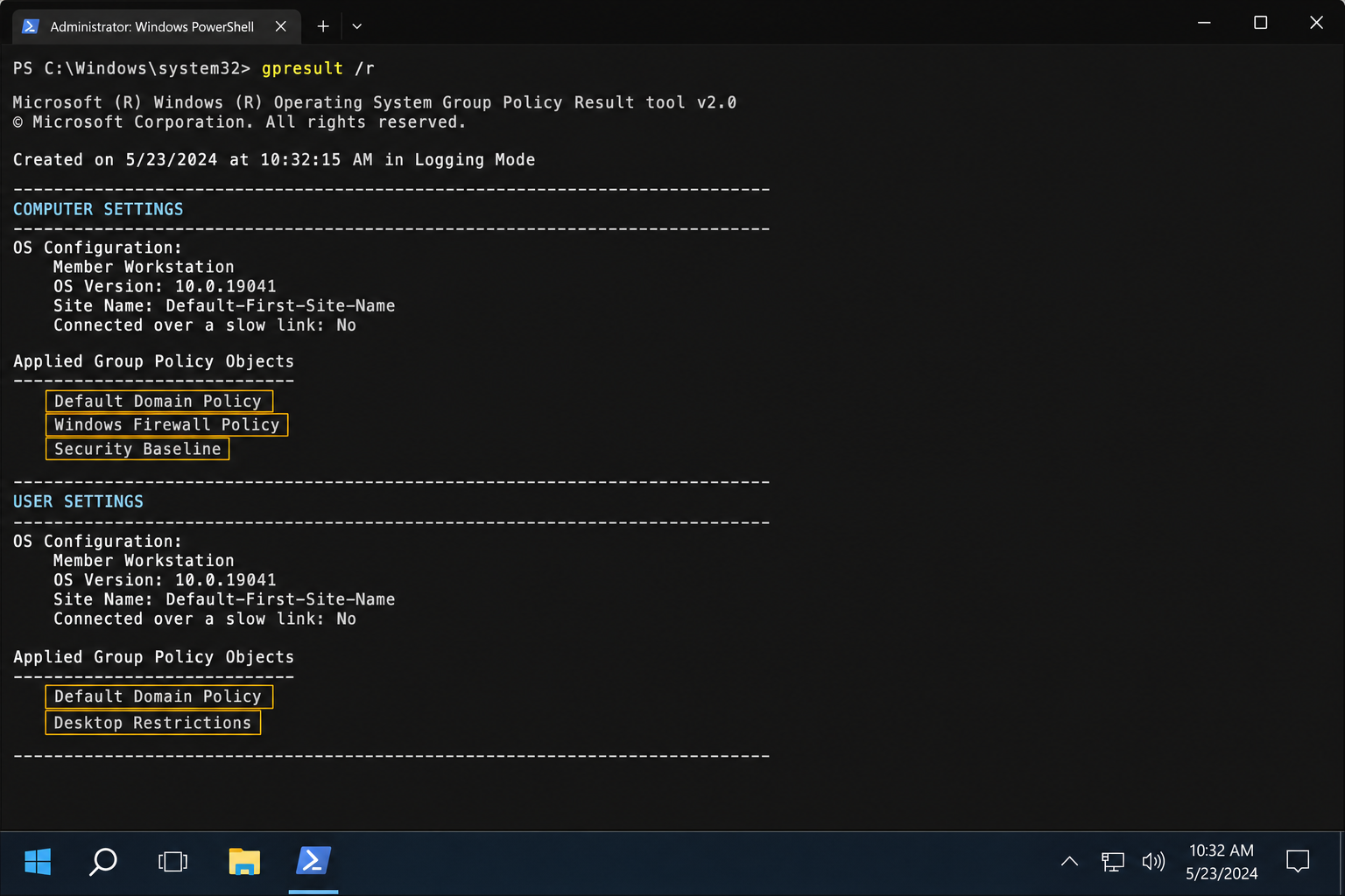 Elevated terminal showing output of "gpresult /r" with Applied Group Policy Objects listed under Computer Settings and User Settings sections