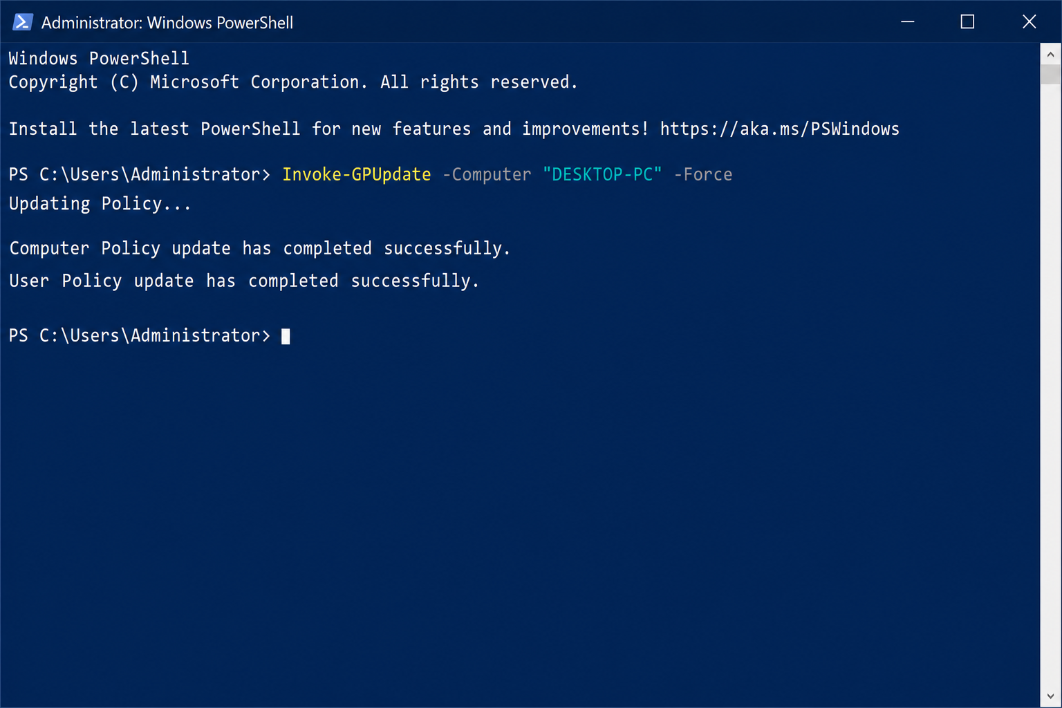 PowerShell window running Invoke-GPUpdate with -Computer and -Force parameters, showing completion output