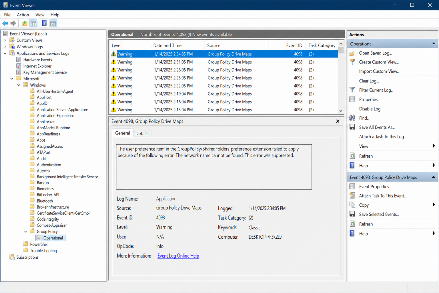 Event Viewer showing GroupPolicy > Operational log with a policy error event expanded to show the error details