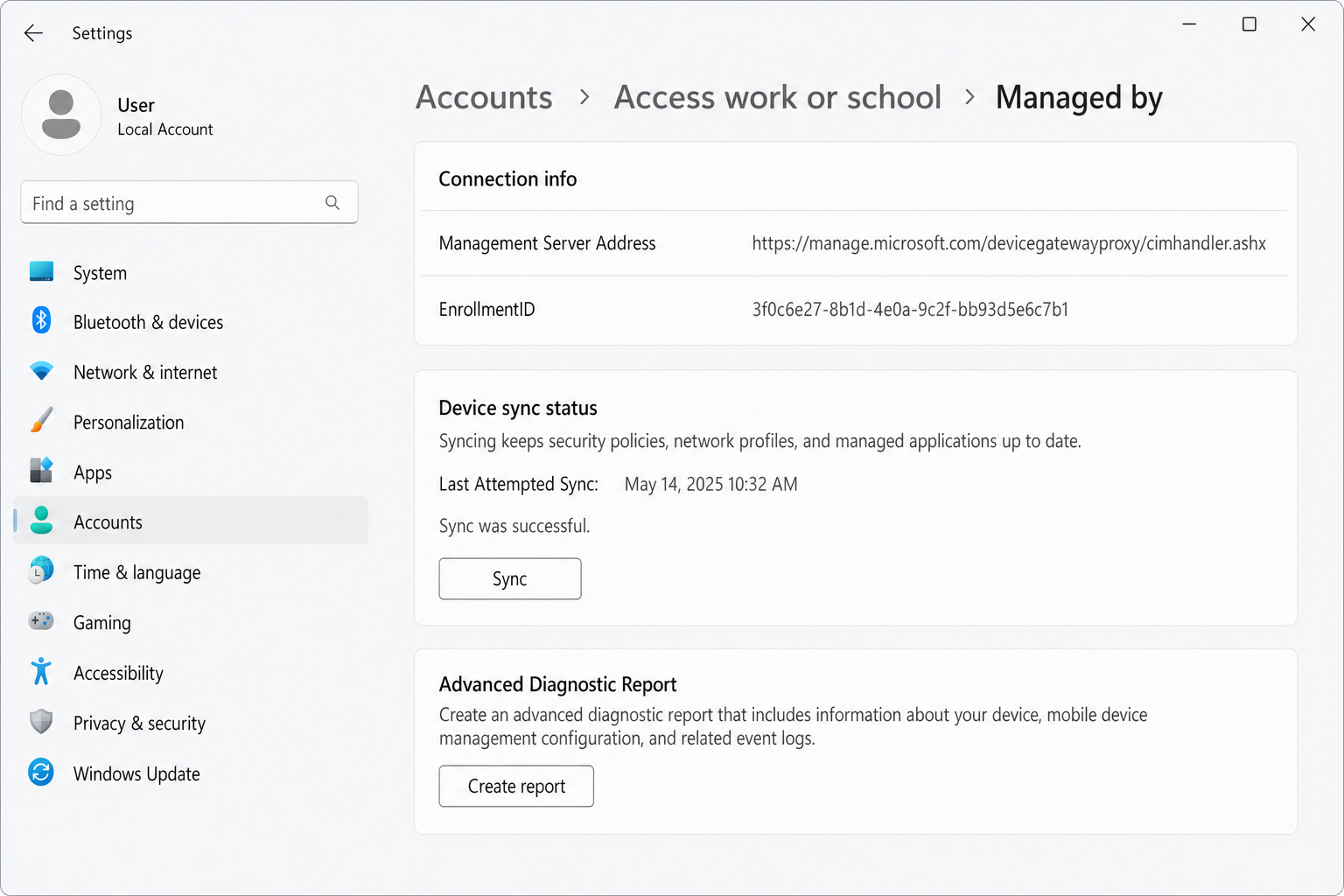 Windows 11 Settings > Accounts > Access work or school > Info page showing the Sync button for Intune policy sync
