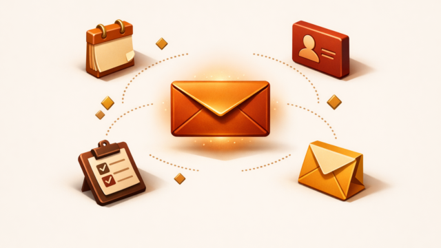 Central orange envelope surrounded by icons for calendar, contact card, clipboard with checklists, and a folded letter, connected by dotted arcs—symbolizing email and messaging.