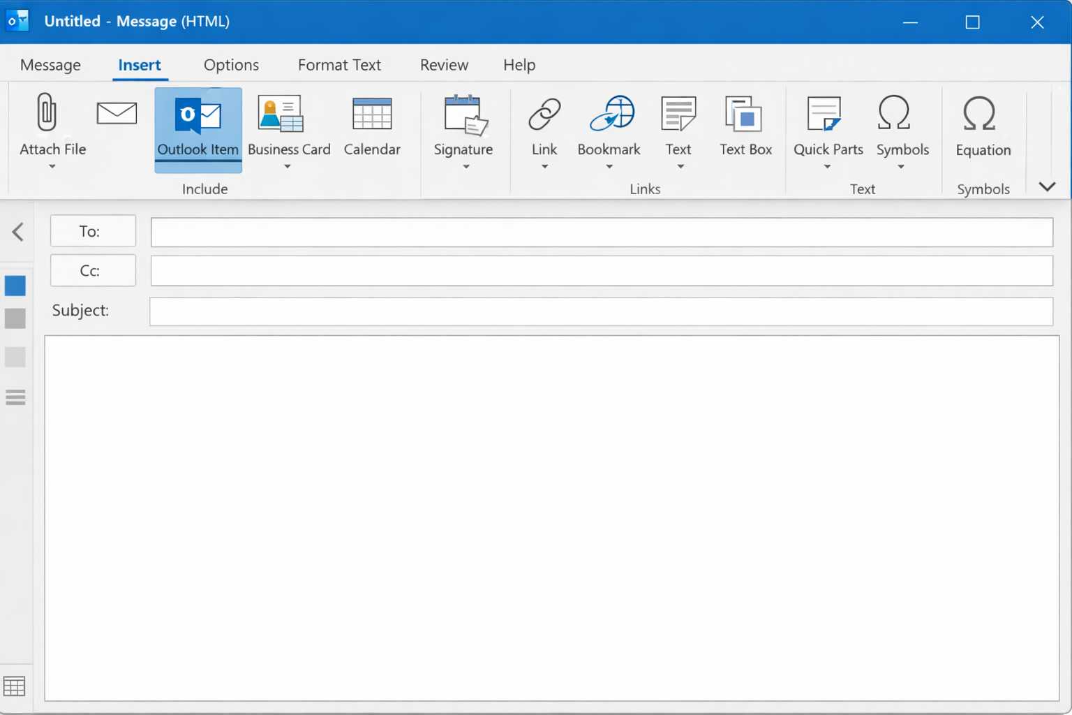 Classic Outlook compose window with Insert tab open and Outlook Item button highlighted in the ribbon