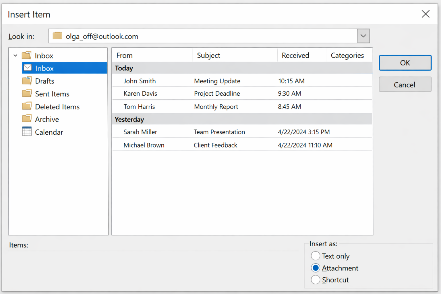 Insert Item dialog in classic Outlook showing folder list on the left (Inbox selected), item list on the right, and 