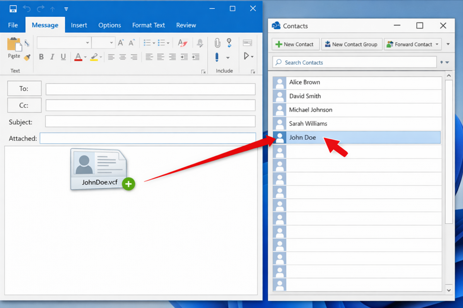 Classic Outlook with a contact being dragged from the Contacts folder into an open compose window, showing the item landing in the attachment bar