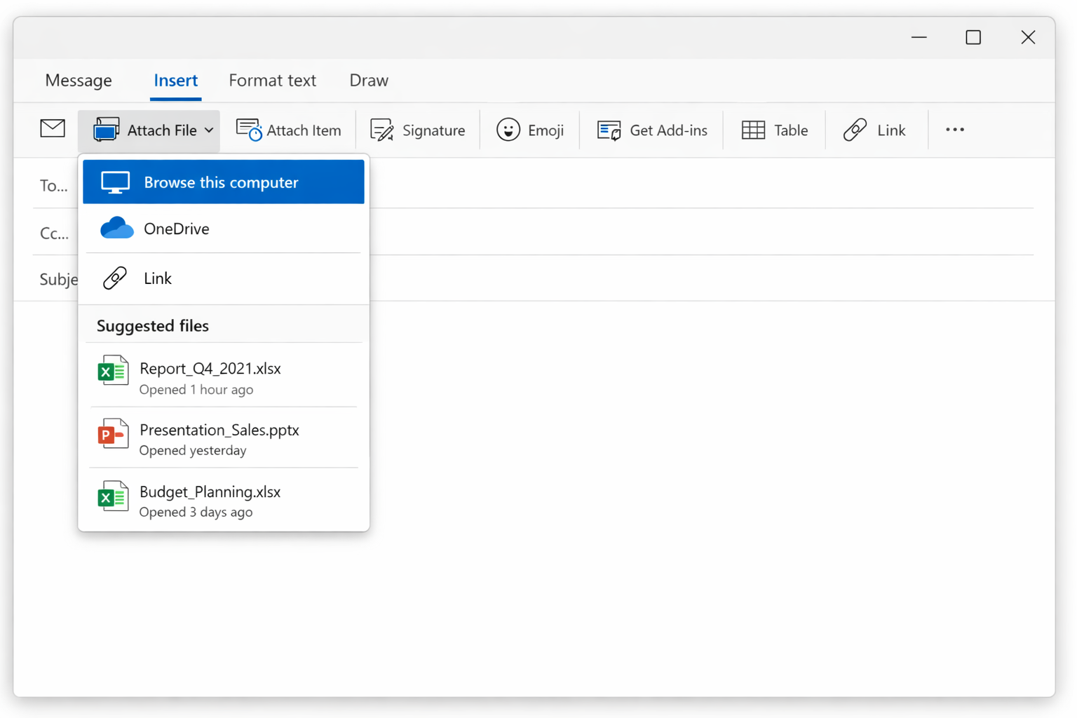 New Outlook compose window showing the Attach menu open with 