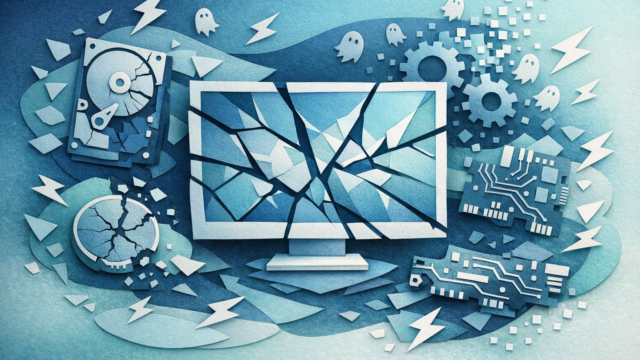 Blue-toned paper-cut collage depicting a cracked computer monitor with surrounding hard drive, gears, and circuit boards to illustrate tech failure or damage.